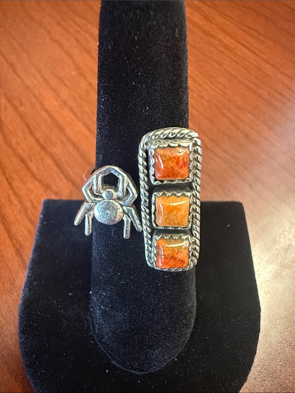 New 925 Sterling Silver Spider & 3 Stone Spiny Oyster Turquoise Ring Adjustable